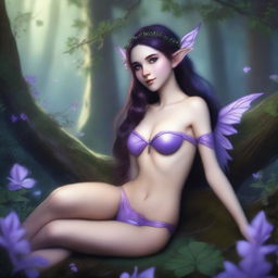 A petite brunette elf reclining gracefully, wearing a purple thong