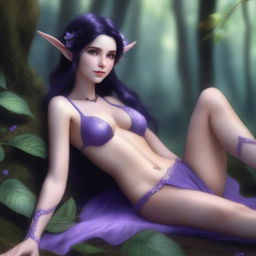 A petite brunette elf reclining gracefully, wearing a purple thong