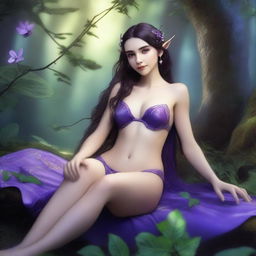 A petite brunette elf reclining gracefully, wearing a purple thong