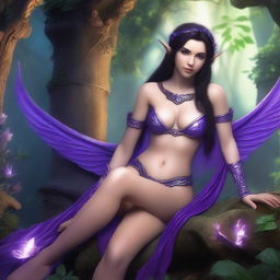 A petite brunette elf wearing a purple thong, reclining in a full body pose within a fantasy setting