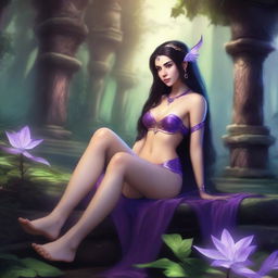 A petite brunette elf wearing a purple thong, reclining in a full body pose within a fantasy setting