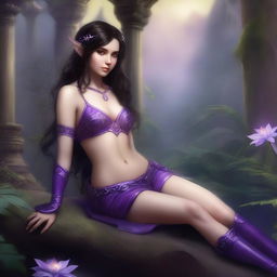 A petite brunette elf wearing a purple thong, reclining in a full body pose within a fantasy setting