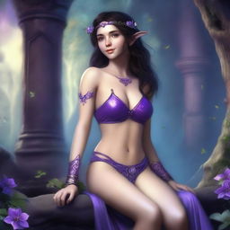 A petite brunette elf wearing a purple thong, reclining in a full body pose within a fantasy setting