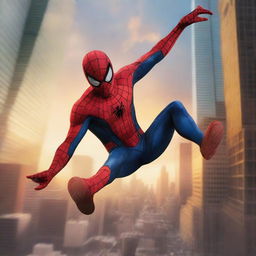 A detailed and dynamic image of Spiderman swinging through the city, with skyscrapers in the background and a vibrant sunset sky