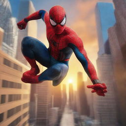 A detailed and dynamic image of Spiderman swinging through the city, with skyscrapers in the background and a vibrant sunset sky