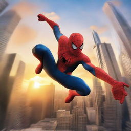 A detailed and dynamic image of Spiderman swinging through the city, with skyscrapers in the background and a vibrant sunset sky