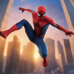 A detailed and dynamic image of Spiderman swinging through the city, with skyscrapers in the background and a vibrant sunset sky