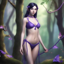 A petite brunette elf wearing a purple string bikini, depicted in a full-body view