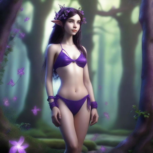 A petite brunette elf wearing a purple string bikini, depicted in a full-body view