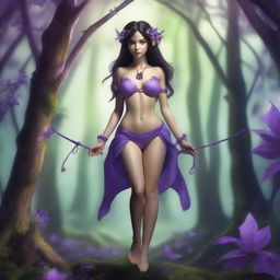 A petite brunette elf wearing a purple string bikini, depicted in a full-body view