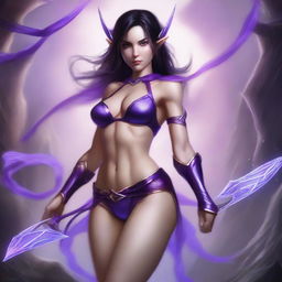 A petite brunette elf wearing a purple string bikini, depicted in a full-body view, set in a fantasy battle scene