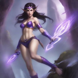 A petite brunette elf wearing a purple string bikini, depicted in a full-body view, set in a fantasy battle scene