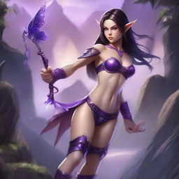 A petite brunette elf wearing a purple string bikini, depicted in a full-body view, set in a fantasy battle scene