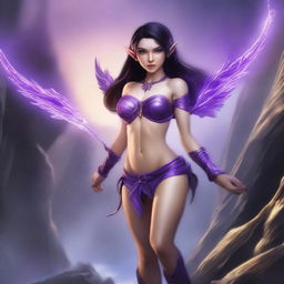 A petite brunette elf wearing a purple string bikini, depicted in a full-body view, set in a fantasy battle scene