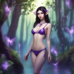 A petite brunette elf in a purple string bikini, depicted in a full body view, standing in a fantasy setting