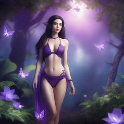 A petite brunette elf in a purple string bikini, depicted in a full body view, standing in a fantasy setting