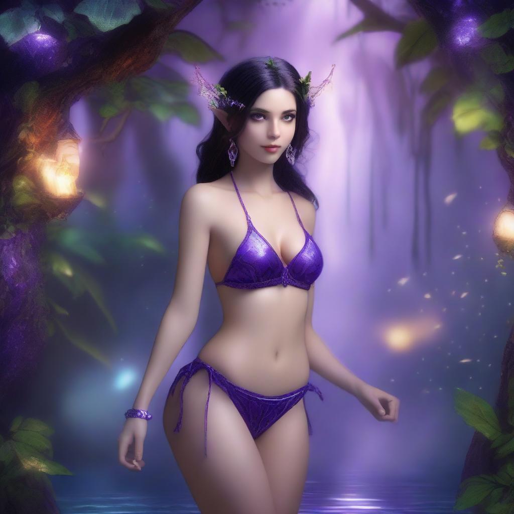 A petite brunette elf in a purple string bikini, depicted in a full body view, standing in a fantasy setting