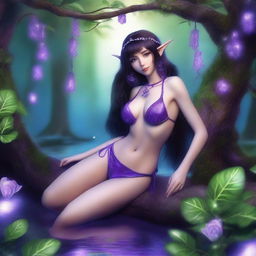 A petite brunette elf in a purple string bikini, depicted in a full body view, laying down in a fantasy setting