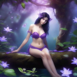 A petite brunette elf in a purple string bikini, depicted in a full body view, laying down in a fantasy setting