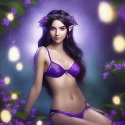 Create an image of an alluring petite brunette elf in a purple string bikini