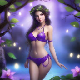 Create an image of an alluring petite brunette elf in a purple string bikini