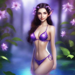 Create an image of an alluring petite brunette elf in a purple string bikini