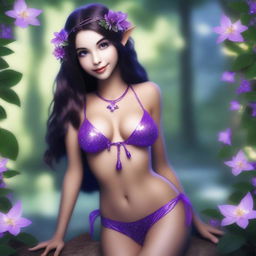 Create an image of an alluring petite brunette elf in a purple string bikini