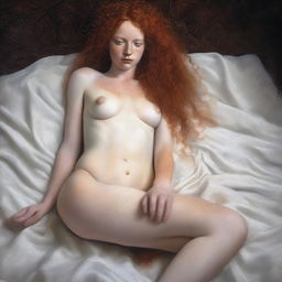 A freckled curly redhead priestess in a white thong laying down, full body view