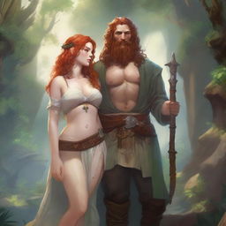 A buxom freckled curly redhead priestess in a thong standing next to a blonde bearded male bard