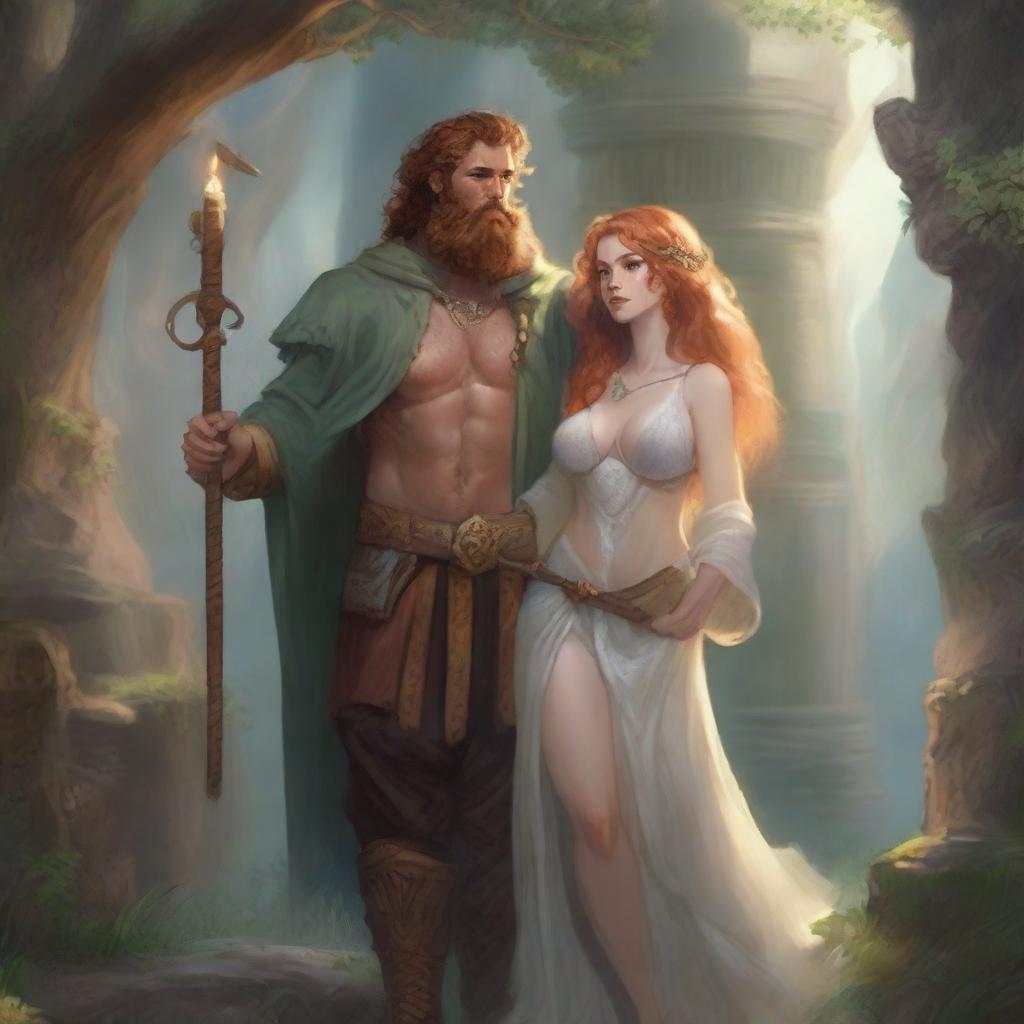 A buxom freckled curly redhead priestess in a thong standing next to a blonde bearded male bard