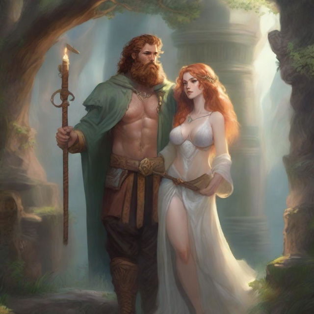 A buxom freckled curly redhead priestess in a thong standing next to a blonde bearded male bard