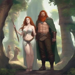 A buxom freckled curly redhead priestess in a thong standing next to a blonde bearded male bard