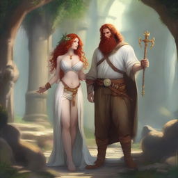 A buxom freckled curly redhead priestess in a thong standing next to a blonde bearded male bard