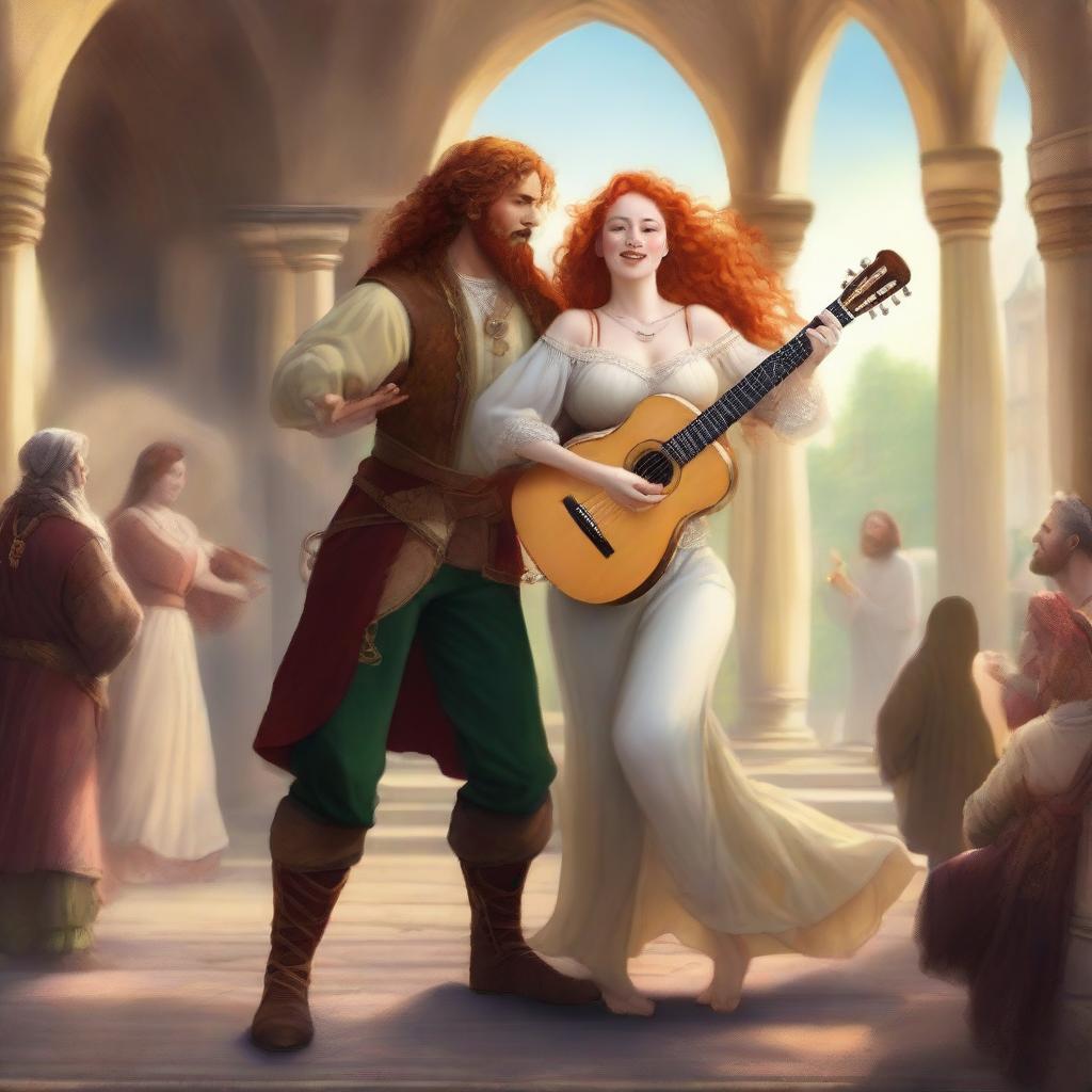 A buxom freckled curly redhead priestess in a thong dancing with a golden-haired bearded male bard