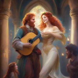 A buxom freckled curly redhead priestess in a thong dancing with a golden-haired bearded male bard