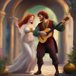 A buxom freckled curly redhead priestess in a thong dancing with a golden-haired bearded male bard