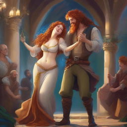 A buxom freckled curly redhead priestess in a thong dancing with a golden-haired bearded male bard