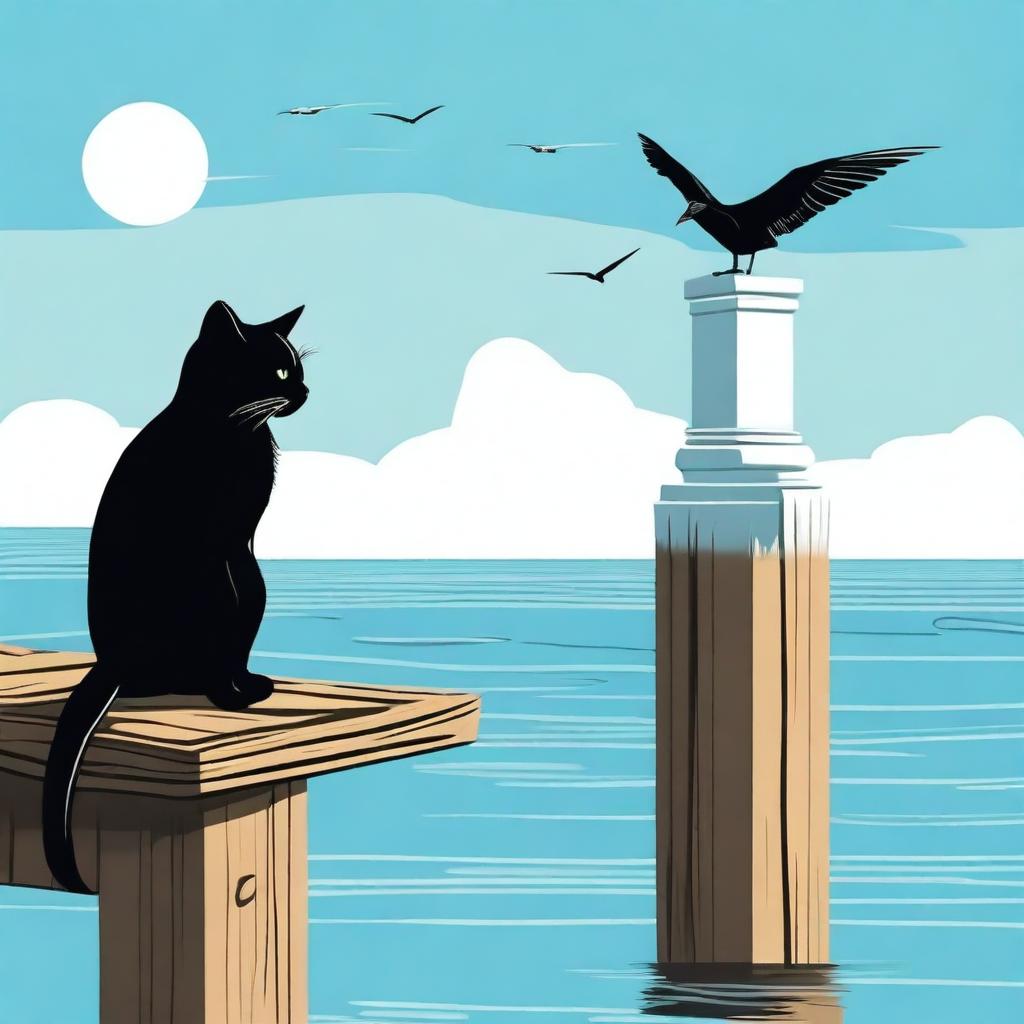 A detailed digital art piece featuring a black cat and a seagull