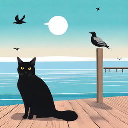 A detailed digital art piece featuring a black cat and a seagull