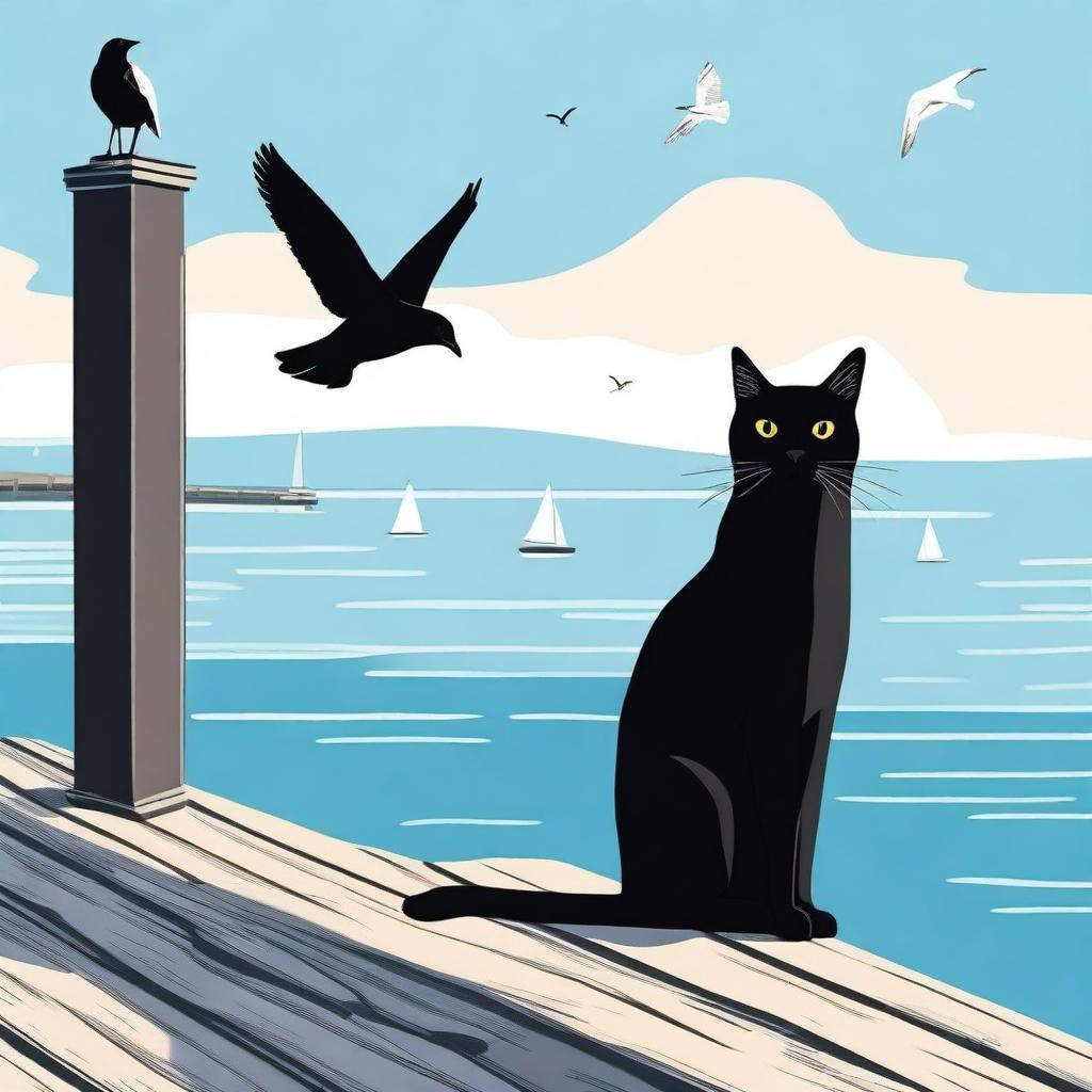 A detailed digital art piece featuring a black cat and a seagull