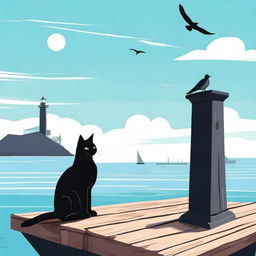 A detailed digital art piece featuring a black cat and a seagull