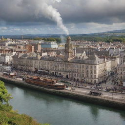 Picture Ireland with a contrasting steampunk vibe: Dublin City mingling classic architecture with bronze gadgetry, the lush countryside sprinkled with steam-fueled machinery, and the rugged coastline featuring steamboats navigating amongst the islands.