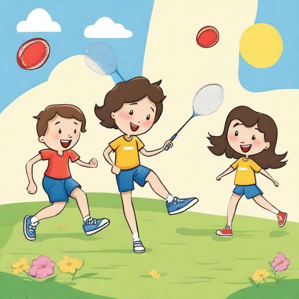 Design a chapter in a children's book featuring girls playing badminton, boys playing football, a girl feeding a flower, and a boy playing with a toy car