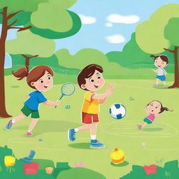 Design a chapter in a children's book featuring girls playing badminton, boys playing football, a girl feeding a flower, and a boy playing with a toy car