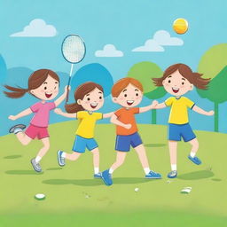 Design a chapter in a children's book featuring girls playing badminton, boys playing football, a girl feeding a flower, and a boy playing with a toy car