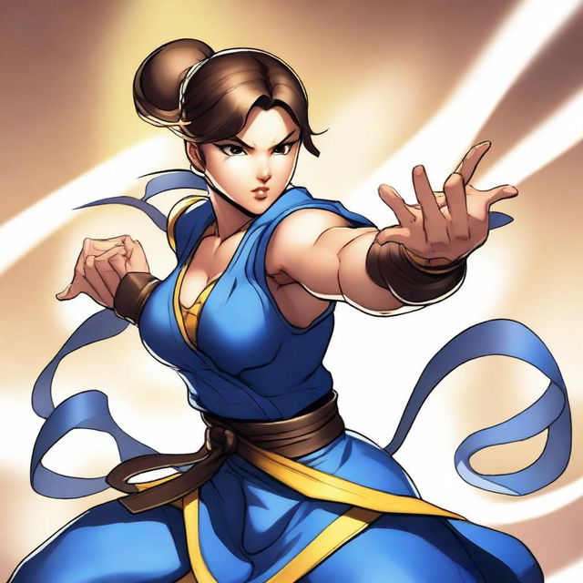 A detailed and dynamic illustration of Chun Li from Street Fighter in an action pose, showcasing her strength and agility