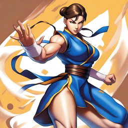 A detailed and dynamic illustration of Chun Li from Street Fighter in an action pose, showcasing her strength and agility