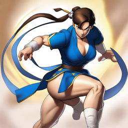 A detailed and dynamic illustration of Chun Li from Street Fighter in an action pose, showcasing her strength and agility