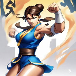 A detailed and dynamic illustration of Chun Li from Street Fighter in an action pose, showcasing her strength and agility