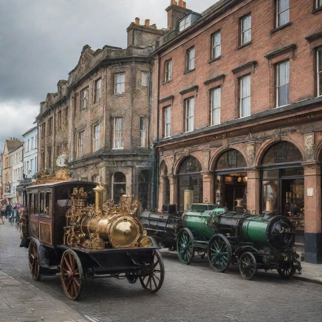 Picture Ireland with a contrasting steampunk vibe: Dublin City mingling classic architecture with bronze gadgetry, the lush countryside sprinkled with steam-fueled machinery, and the rugged coastline featuring steamboats navigating amongst the islands.